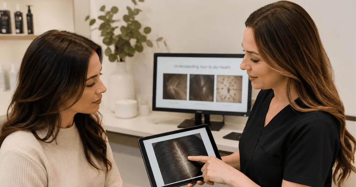 Patient receiving a professional scalp consultation for hair restoration treatment in a modern aesthetic clinic